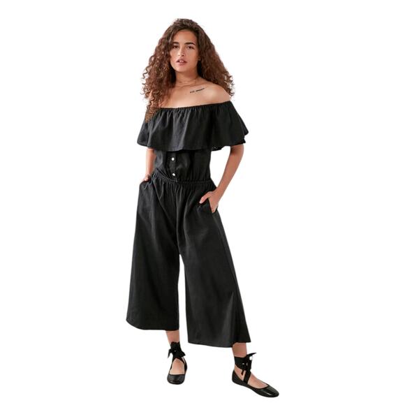 Faithfull The Brand Wide Leg Jumpsuit Sz US 4 Black Linen Ankle On Off Shoulder - Picture 2 of 15